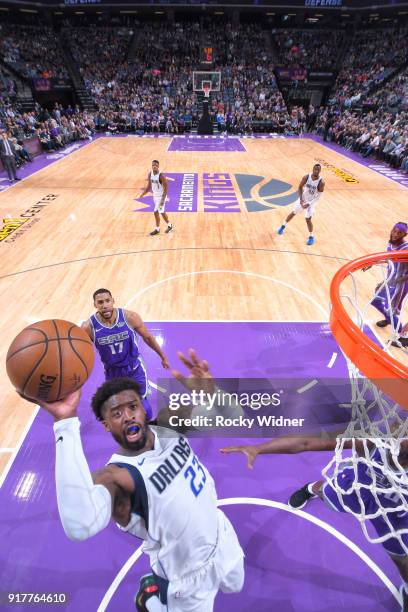 Wesley Matthews of the Dallas Mavericks shoots a layup against the Sacramento Kings on February 3, 2018 at Golden 1 Center in Sacramento, California....