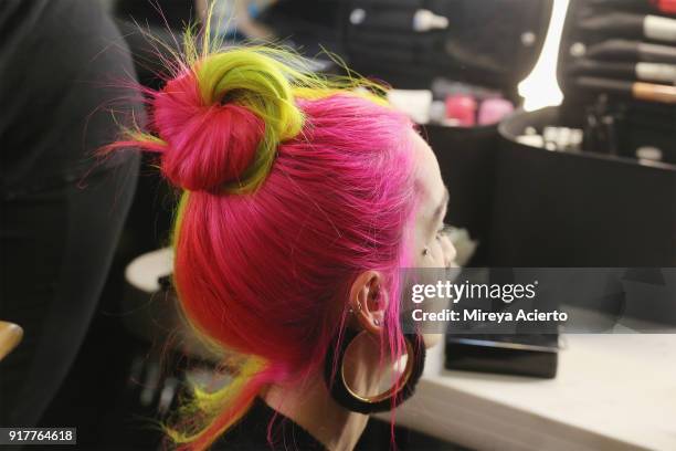 Hair detail backstage during the Kaimin fashion show at the Glass Houses on February 12, 2018 in New York City.