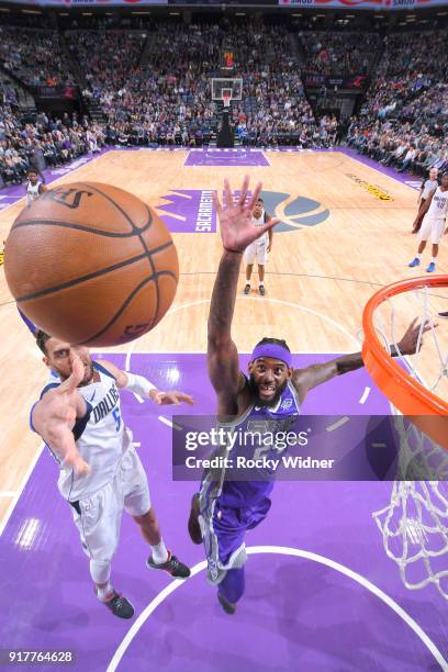 Salah Mejri of the Dallas Mavericks shoots a layup against JaKarr Sampson of the Sacramento Kings on February 3, 2018 at Golden 1 Center in...