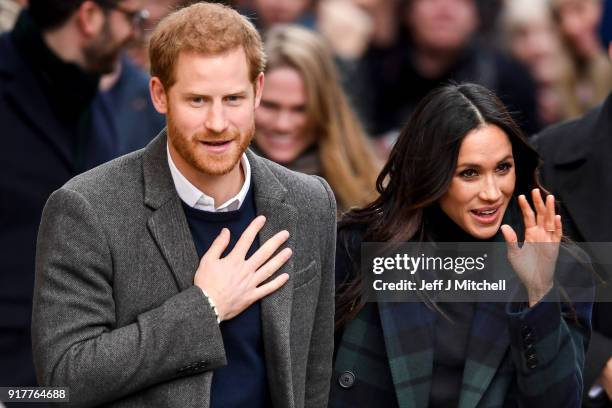 Prince Harry and Meghan Markle leave Social Bite cafe in Rose Street on February 13, 2018 in Edinburgh, Scotland.