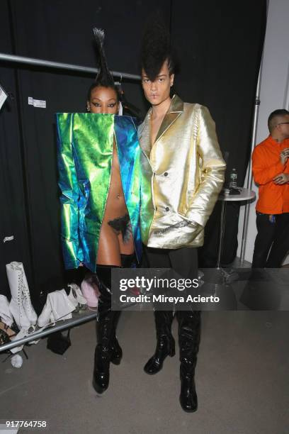 Models pose backstage during the Kaimin fashion show at the Glass Houses on February 12, 2018 in New York City.