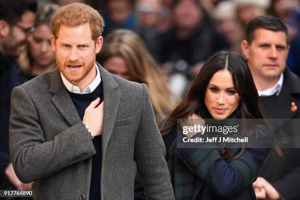 Prince Harry and Meghan Markle leave Social Bite cafe in Rose Street on February 13, 2018 in Edinburgh, Scotland.