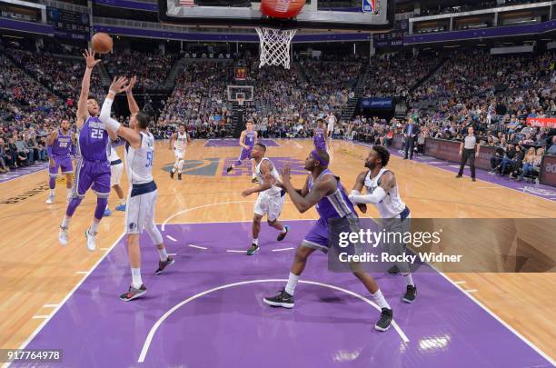 Justin Jackson of the Sacramento Kings shoots against Salah Mejri of the Dallas Mavericks on February 3, 2018 at Golden 1 Center in Sacramento,...