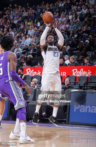 Wesley Matthews of the Dallas Mavericks shoots a three pointer against the Sacramento Kings on February 3, 2018 at Golden 1 Center in Sacramento,...