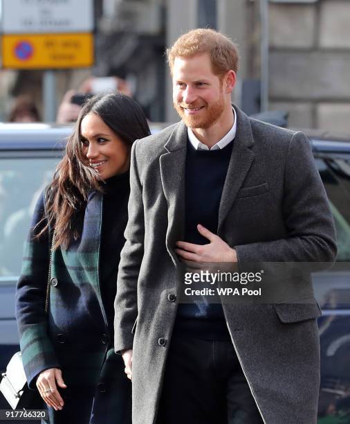 Prince Harry and Meghan Markle arrive for their visit to Social Bite on February 13, 2018 in Edinburgh, Scotland.