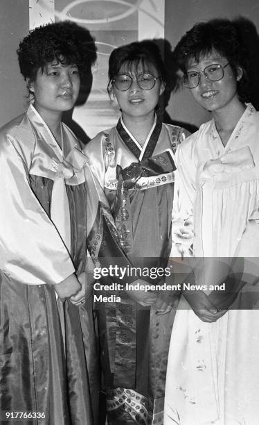 Three Young Korean Girls, Young-Min Kim, Sung-Hee Sohn and Lee Kyu Dug in Traditional Korean Clothing celebrating the Korean New Year at Granada,...