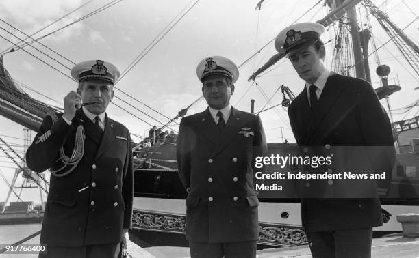 The Captain of the Italian Sail Training Ship Amerigo Vespucci, Vincent Angelantoni being welcomed to Ireland by Captain Alfredo Civetta the Italian...