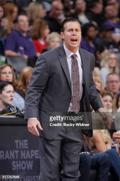 Head coach Dave Joerger of the Sacramento Kings coaches against the Dallas Mavericks on February 3, 2018 at Golden 1 Center in Sacramento,...