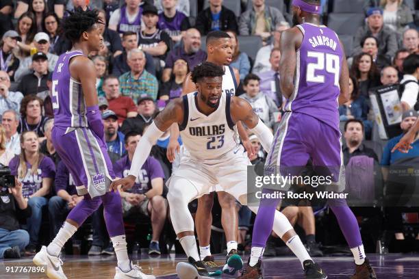 Wesley Matthews of the Dallas Mavericks defends against the Sacramento Kings on February 3, 2018 at Golden 1 Center in Sacramento, California. NOTE...