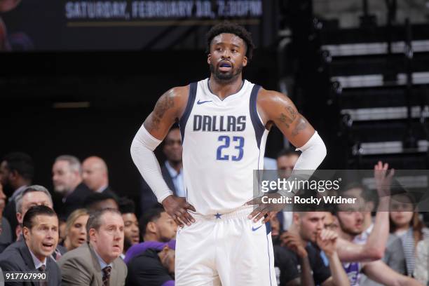 Wesley Matthews of the Dallas Mavericks looks on during the game against the Sacramento Kings on February 3, 2018 at Golden 1 Center in Sacramento,...