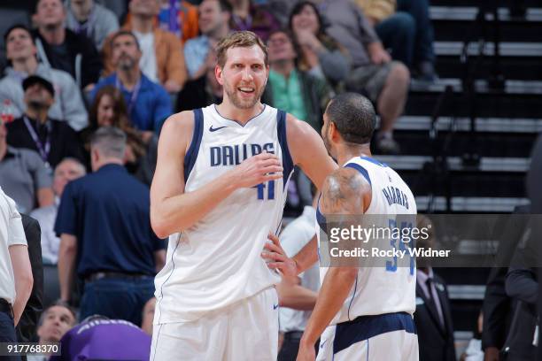 Dirk Nowitzki and Devin Harris of the Dallas Mavericks talk during the game against the Sacramento Kings on February 3, 2018 at Golden 1 Center in...