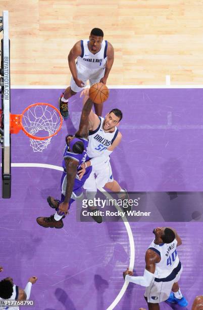 JaKarr Sampson of the Sacramento Kings goes up for the shot against Salah Mejri of the Dallas Mavericks on February 3, 2018 at Golden 1 Center in...