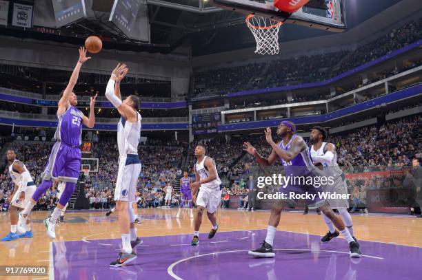 Justin Jackson of the Sacramento Kings shoots against Salah Mejri of the Dallas Mavericks on February 3, 2018 at Golden 1 Center in Sacramento,...