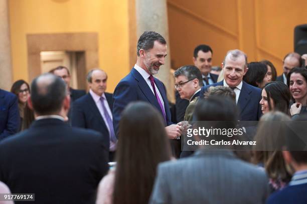 King Felipe VI of Spain receives 'Que Es Un Rey Para Ti' competition winners at El Pardo Palace on February 13, 2018 in Madrid, Spain.