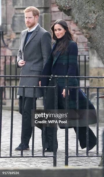 Prince Harry and Meghan Markle during their visit to Edinburgh Castle on February 13, 2018 in Edinburgh, Scotland.