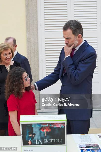 King Felipe VI of Spain receives 'Que Es Un Rey Para Ti' competition winners at El Pardo Palace on February 13, 2018 in Madrid, Spain.