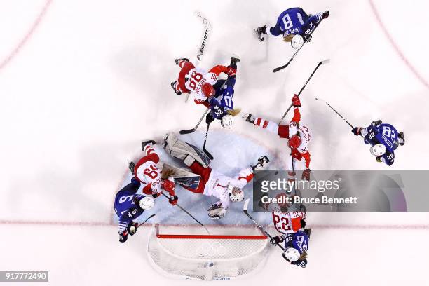 Valeria Tarakanova of Olympic Athlete from Russia attempts to make a save in the second period against the United States during the Women's Ice...