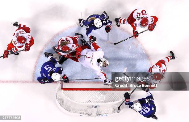 Valeria Tarakanova of Olympic Athlete from Russia attempts to make a save in the second period against the United States during the Women's Ice...