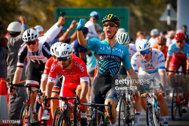 French rider Bryan Coquard of the team Vital Concept Cycling reacts as he crosses the finish line to win the 1st stage of the cycling Tour of Oman...