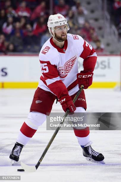 Mike Green of the Detroit Red Wings skates with the puck in the second period against the Washington Capitals at Capital One Arena on February 11,...
