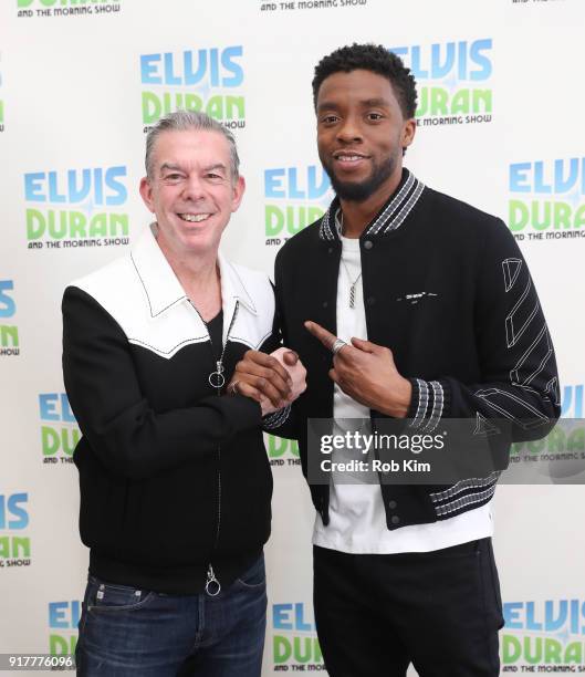 Chadwick Boseman and Elvis Duran pose for a photo at "The Elvis Duran Z100 Morning Show" at Z100 Studio on February 13, 2018 in New York City.