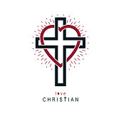 Love of God vector creative symbol design combined with Christian Cross and heart, vector sign.