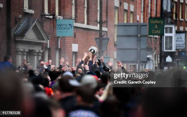 Rival teams 'Up'ards' and 'Down'ards' battle for the ball during the Royal Shrovetide Football match in Ashbourne, Derbyshire, England on February...