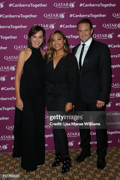 Natasha Belling, Jessica Mauboy and Matt Doran pose during the Qatar Airways Canberra Launch gala dinner on February 13, 2018 in Canberra, Australia.