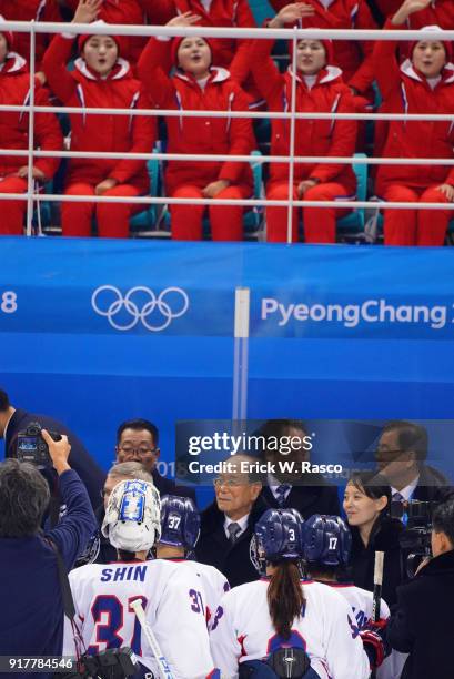 Winter Olympics: North Korea ceremonial head of state Kim Yong Nam and Kim Yo Jong and Kim Jong Uns sister posing for picture with Team Korea after...