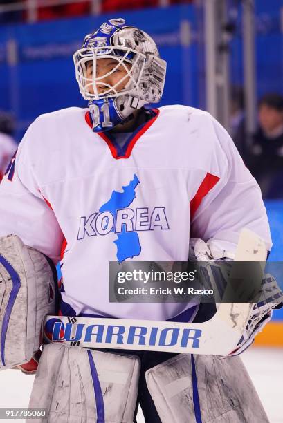 Winter Olympics: Korea goalie Shin So-jung during game vs Switzerland during Women's Preliminary Round - Group B game at Kwandong Hockey Centre....