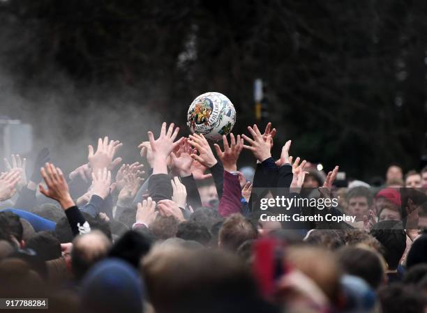 Rival teams 'Up'ards' and 'Down'ards' battle for the ball during the Royal Shrovetide Football match in Ashbourne, Derbyshire, England on February...