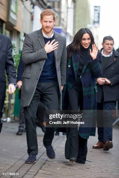 Prince Harry and Meghan Markle arrive to visit Social Bite to hear about their work with the homeless on February 13, 2018 in Edinburgh, Scotland.
