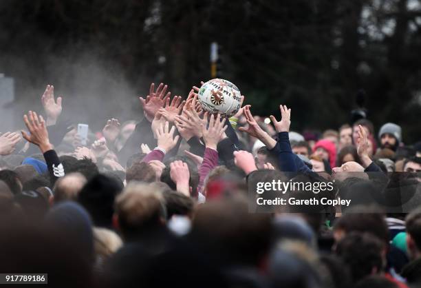 Rival teams 'Up'ards' and 'Down'ards' battle for the ball during the Royal Shrovetide Football match in Ashbourne, Derbyshire, England on February...