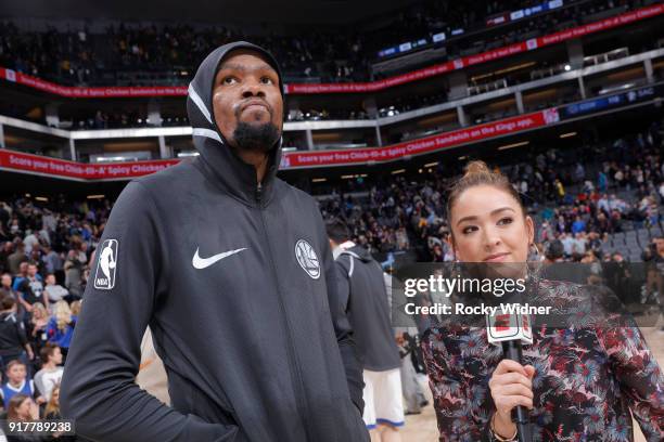 Kevin Durant of the Golden State Warriors speaks Cassidy Hubbarth after defeating the Sacramento Kings on February 2, 2018 at Golden 1 Center in...