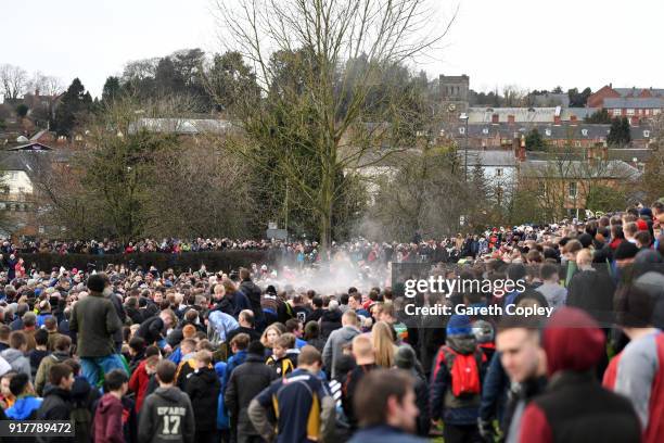 Rival teams 'Up'ards' and 'Down'ards' battle for the ball during the Royal Shrovetide Football match in Ashbourne, Derbyshire, England on February...