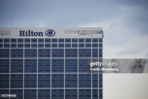 Signage is displayed on the exterior of the Hilton San Diego Bayfront hotel in San Diego, California, U.S., on Saturday, Feb. 10, 2018. Hilton...