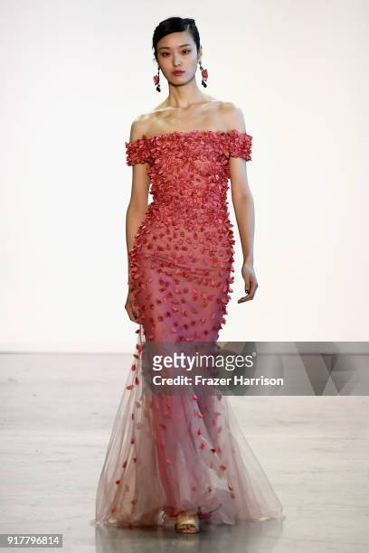 Model walks the runway for Badgley Mischka during New York Fashion Week: The Shows at Gallery I at Spring Studios on February 13, 2018 in New York...