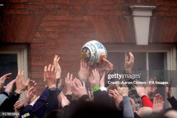 Players during the annual Royal Shrovetide football match in Ashbourne, Derbyshire which takes place over two eight-hour periods, on Shrove Tuesday...