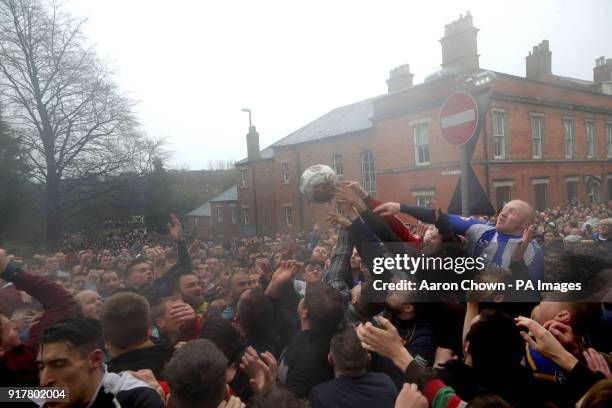 Players during the annual Royal Shrovetide football match in Ashbourne, Derbyshire which takes place over two eight-hour periods, on Shrove Tuesday...