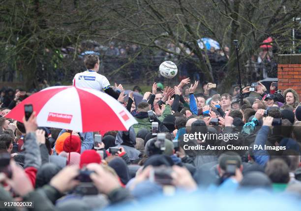 Players during the annual Royal Shrovetide football match in Ashbourne, Derbyshire which takes place over two eight-hour periods, on Shrove Tuesday...