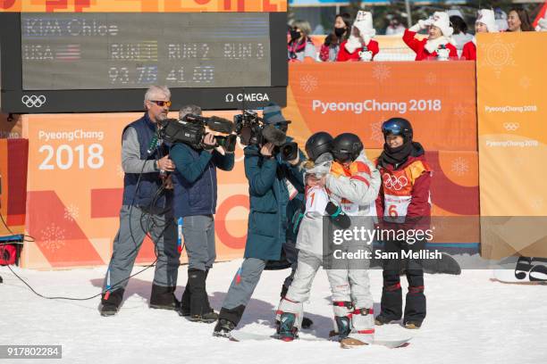 Chloe Kim, USA, GOLD with Jiayu Liu, China, SILVER and Arielle Gold, USA, BRONZE following the women's halfpipe final at the Pyeongchang Winter...