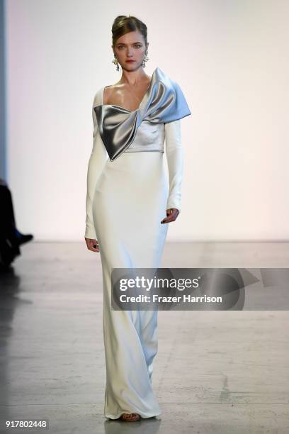 Model walks the runway for Badgley Mischka during New York Fashion Week: The Shows at Gallery I at Spring Studios on February 13, 2018 in New York...