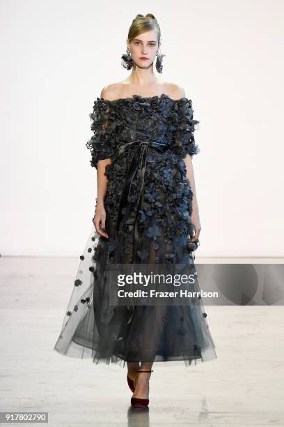 Model walks the runway for Badgley Mischka during New York Fashion Week: The Shows at Gallery I at Spring Studios on February 13, 2018 in New York...