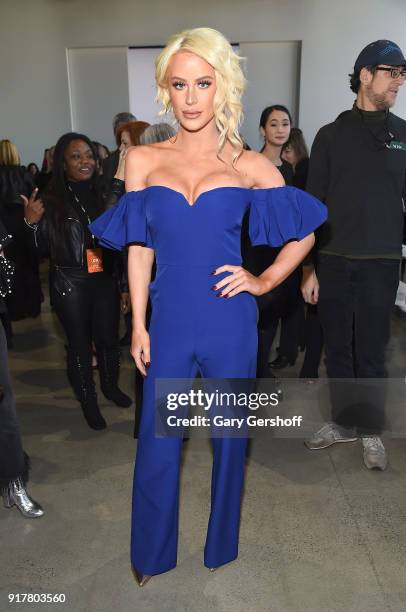 Gigi Gorgeous attends the Badgley Mischka fashion show during New York Fashion Week at Gallery I at Spring Studios on February 13, 2018 in New York...