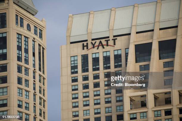 Signage is displayed on the exterior of the Manchester Grand Hyatt Hotel in San Diego, California, U.S., on Sunday, Feb. 11, 2018. Hyatt Hotels Corp....