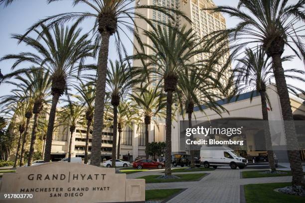 Signage is displayed outside the Manchester Grand Hyatt Hotel in San Diego, California, U.S., on Sunday, Feb. 11, 2018. Hyatt Hotels Corp. Is...