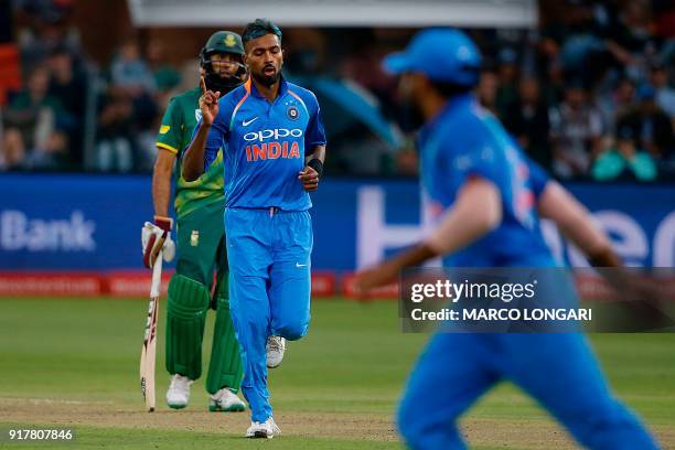India bowler Hardik Pandya celebrates after the dismissal of South Africa batsman JP Duminy during the fifth One Day International cricket match...
