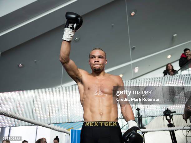 Chris Eubank Jnr takes part in a public work out at National Football Museum on February 13, 2018 in Manchester, England.