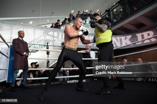 Chris Eubank Jnr takes part in a public work out, watched by his father Chris Eubank at National Football Museum on February 13, 2018 in Manchester,...