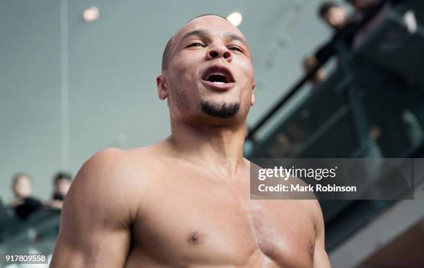 Chris Eubank Jnr takes part in a public work out at National Football Museum on February 13, 2018 in Manchester, England.